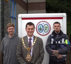 Left to right Deputy Mayor Jamie Pearn, Mayor Stephen Remington, Ryan Poseidon Security. 